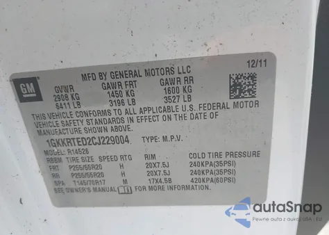 2012 GMC Acadia Denali z USA, uszkodzony, nr VIN 1GKKRTED2CJ229004